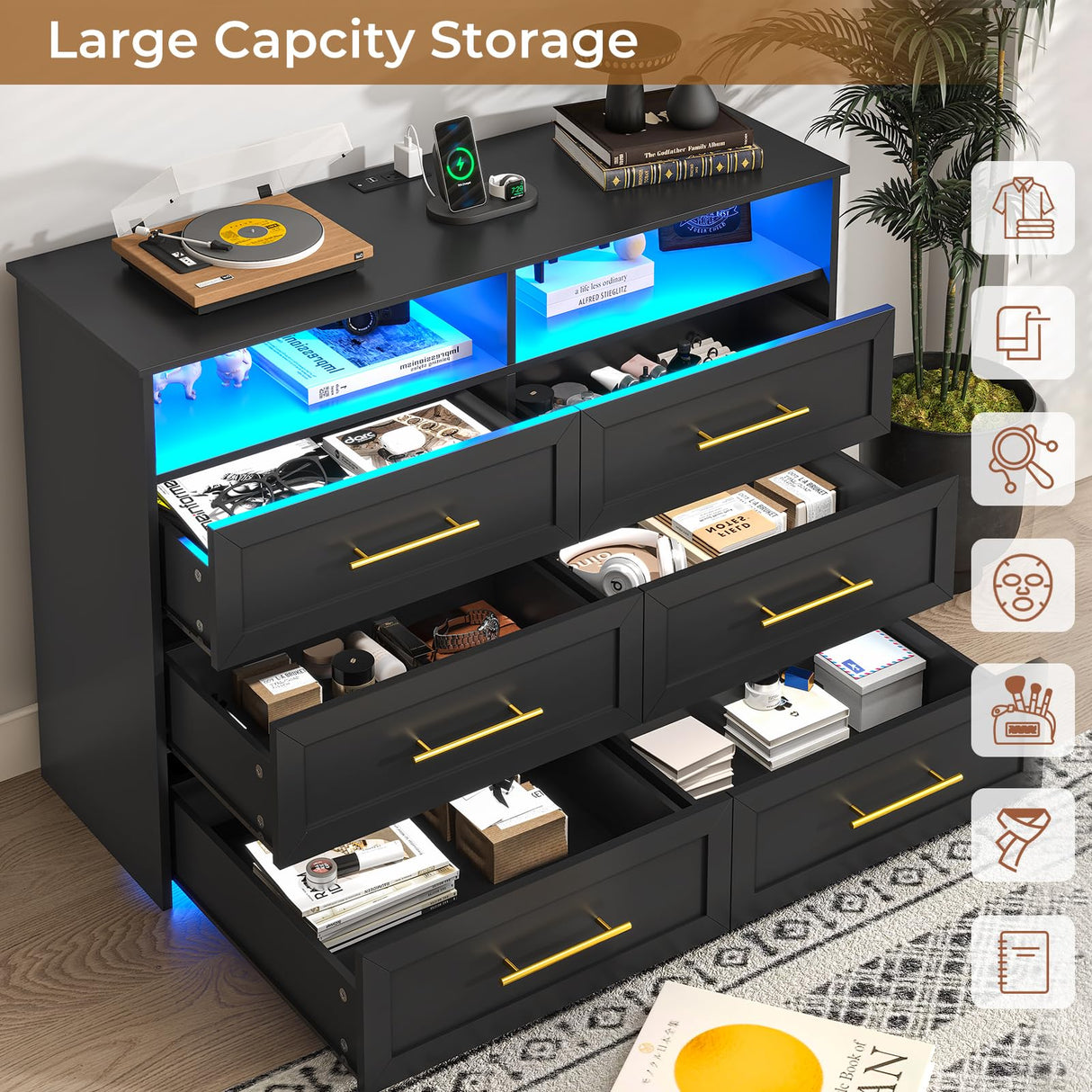 VIAGDO 6 Drawer Dresser with LED Lights and Charging Station, Black Bedroom Dresser with Open Storage, Modern Wood Chest of 6 Drawers Closet Organizers Storage Cabinet for Bedroom VIAGDO