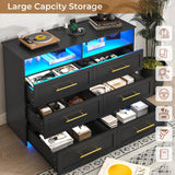 VIAGDO 6 Drawer Dresser with LED Lights and Charging Station, Black Bedroom Dresser with Open Storage, Modern Wood Chest of 6 Drawers Closet Organizers Storage Cabinet for Bedroom VIAGDO