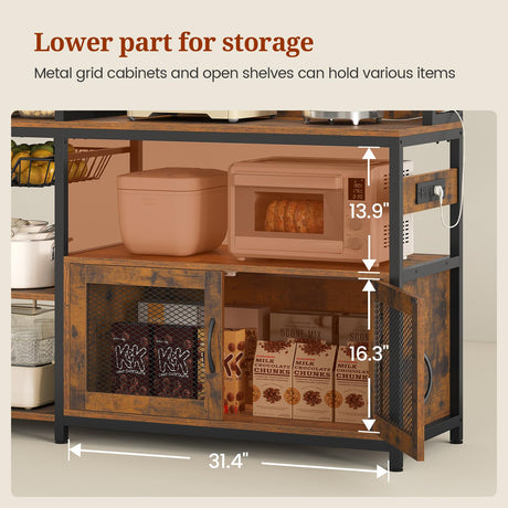 47.2 in Bakers Rack with Power Outlet & LED Light, Coffee Bar with Coffee Pod Holder for Vetuo, Kitchen Microwave Stand with Storage Shelves, Paper Holder, Cabinet, Wire Basket, 8 Hooks (Rustic Brown) UPOSOJA