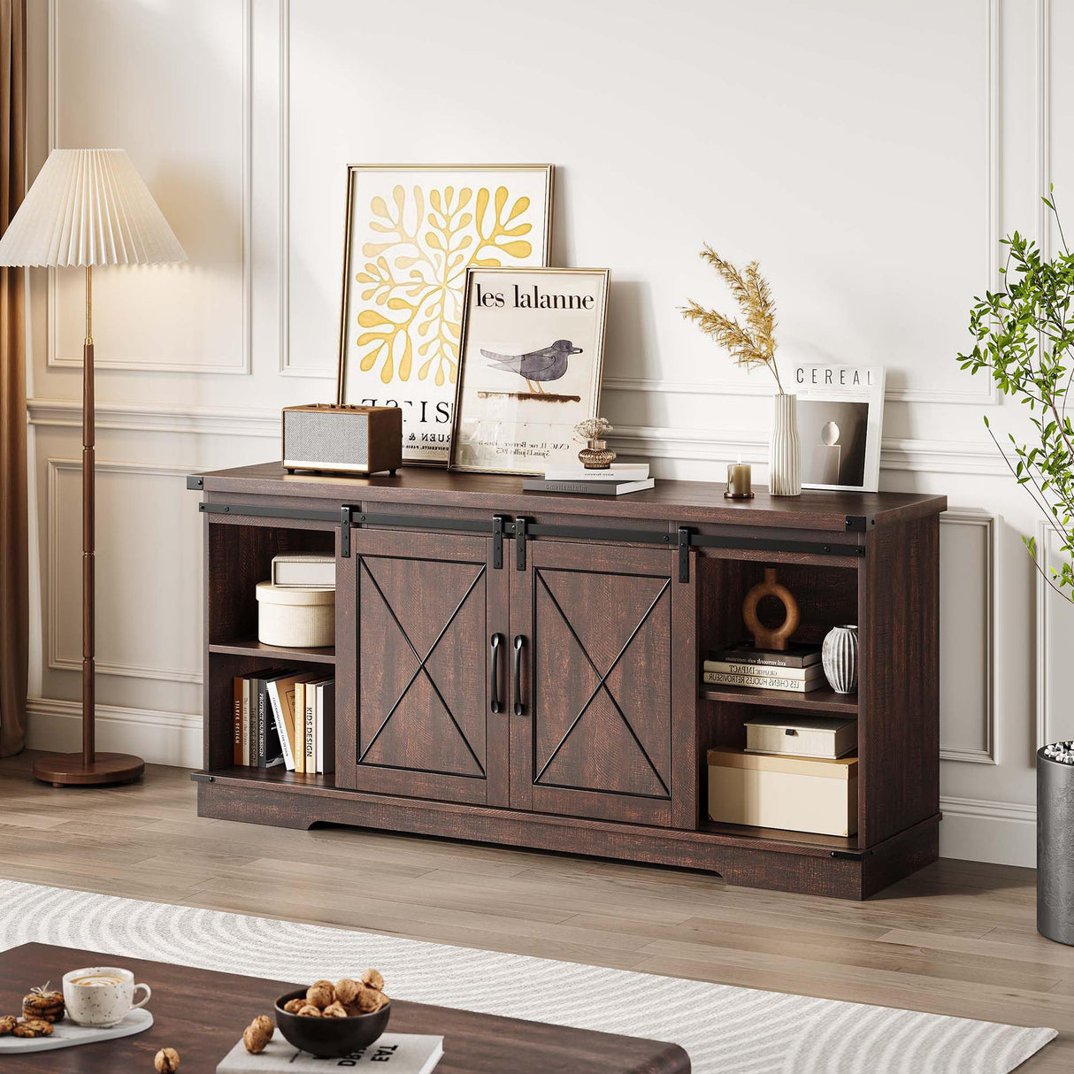 IDEALHOUSE Farmhouse TV Stand and Entertainment Center for TV Up to 65 Inches with Sliding Barn Doors and Adjustable Shelf, Tv Media Console Table with Storage Cabinet for Living Room, Bedroom, Brown IDEALHOUSE