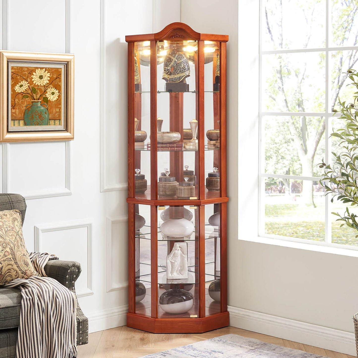 Glass Display Cabinet with Glass Doors, Corner Curio Cabinet with 4 Adjustable Glass Shelves, China Cabinet with Wooden Flower Carving for Living Room, Hallway, Oak - WoodArtSupply