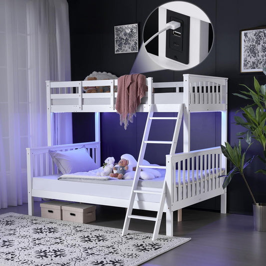 VINGLI Twin Over Full Bunk Bed with LED Lighting & USB Ports, Extra Tall Safety Guardrails, Convertible Design, Solid Wood, White - WoodArtSupply