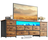 Huuger 63 Inch TV Stand for 65, 70 Inch TV, 11 Drawer Long Dresser with Power Outlets and LED Lights, Entertainment Center with Storage, Rustic Brown Dresser with PU Leather Surface Huuger