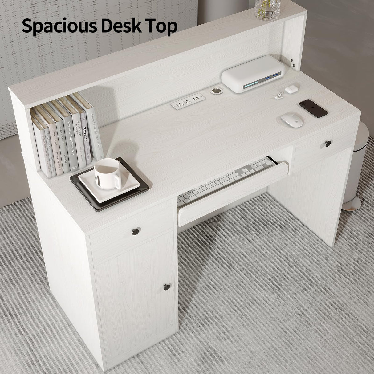 VOWNER Reception Desk with LED Lights and Power Outlets, Retail Counter Reception Counter Table with Drawers, for Salon Lobby Checkout Office, White (47.2" W x 18.7" D x 39.4" H) VOWNER