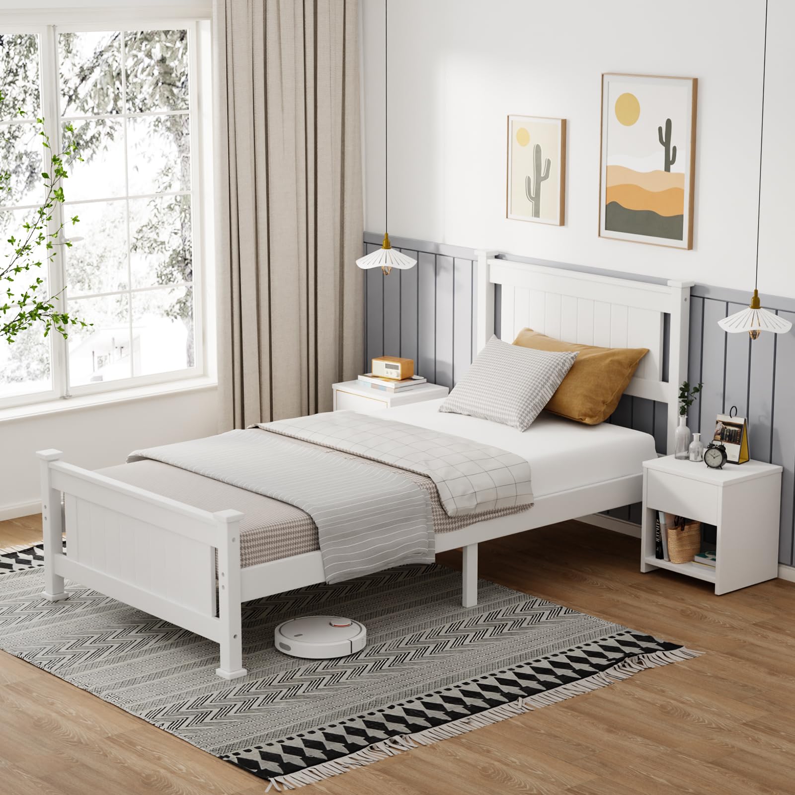 VINGLI Twin Solid Wood Bed Frame with Headboard – Modern White Platform Design, No Box Spring Needed - WoodArtSupply