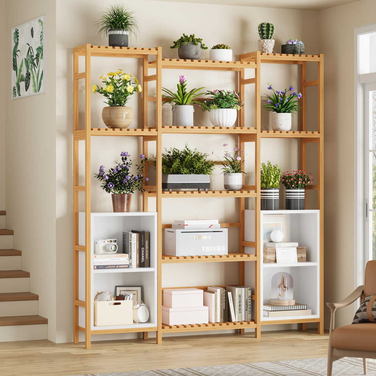 FOTOSOK Bamboo Shelf Bookcase, Triple Wide Bookshelf with 4 Cubes & 9 Shelves, Large Bookshelf with Storage, Plant Shelf Bathroom Shelf Pantry Shelf Standing Organizer Unit, Natural FOTOSOK