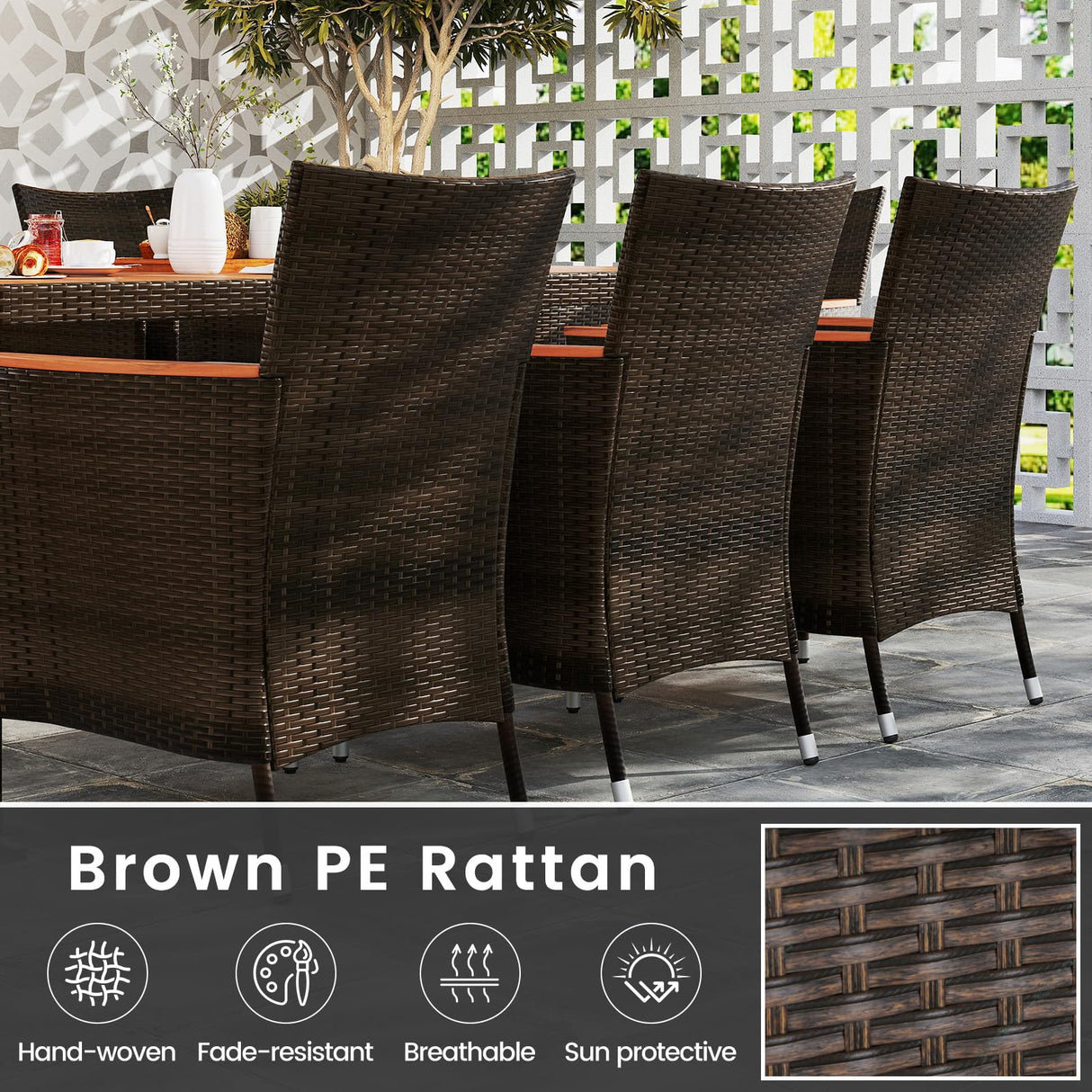 S AFSTAR Patio Dining Set for 8 with Umbrella Hole, 75”x36” Acacia Wooden Table & PE Rattan Chairs for Deck, Backyard S AFSTAR