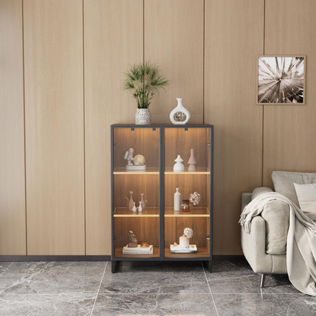 EUREKA ERGONOMIC Curio Cabinet, 2 Adjustable Shelves Display Storage Cabinet with LED Lighting, Tempered Glass Door, Showcase for Collectibles Figurines Home Office Living Room Bedroom, Walnut EUREKA ERGONOMIC