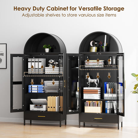 VEXPOR 73" Tall Metal Arched Cabinet, Kitchen Pantry Cabinet with Glass Door, Modern Farmhouse Display Cabinet with 1 Drawer and 2 Adjustable Shelves for Living Room, Black, Assembly Required VEXPOR