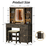 GlasFlength Farmhouse Makeup Vanity with Lighted Mirror,Vanity Desk with Charging Station,Vanity Table with Hidden Jewelry Cabinet,40'' Makeup Table with Glass Tabletop,Stool Included,Vintage Black GlasFlength