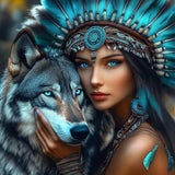 Miwixy Wolf Diamond Art Kits for Adults, American Native Indian Woman Diamond Painting Kit,5D Full Drill Diamond Art Canvas for Beginners Home Wall Decor 12 x 12 Inch Miwixy