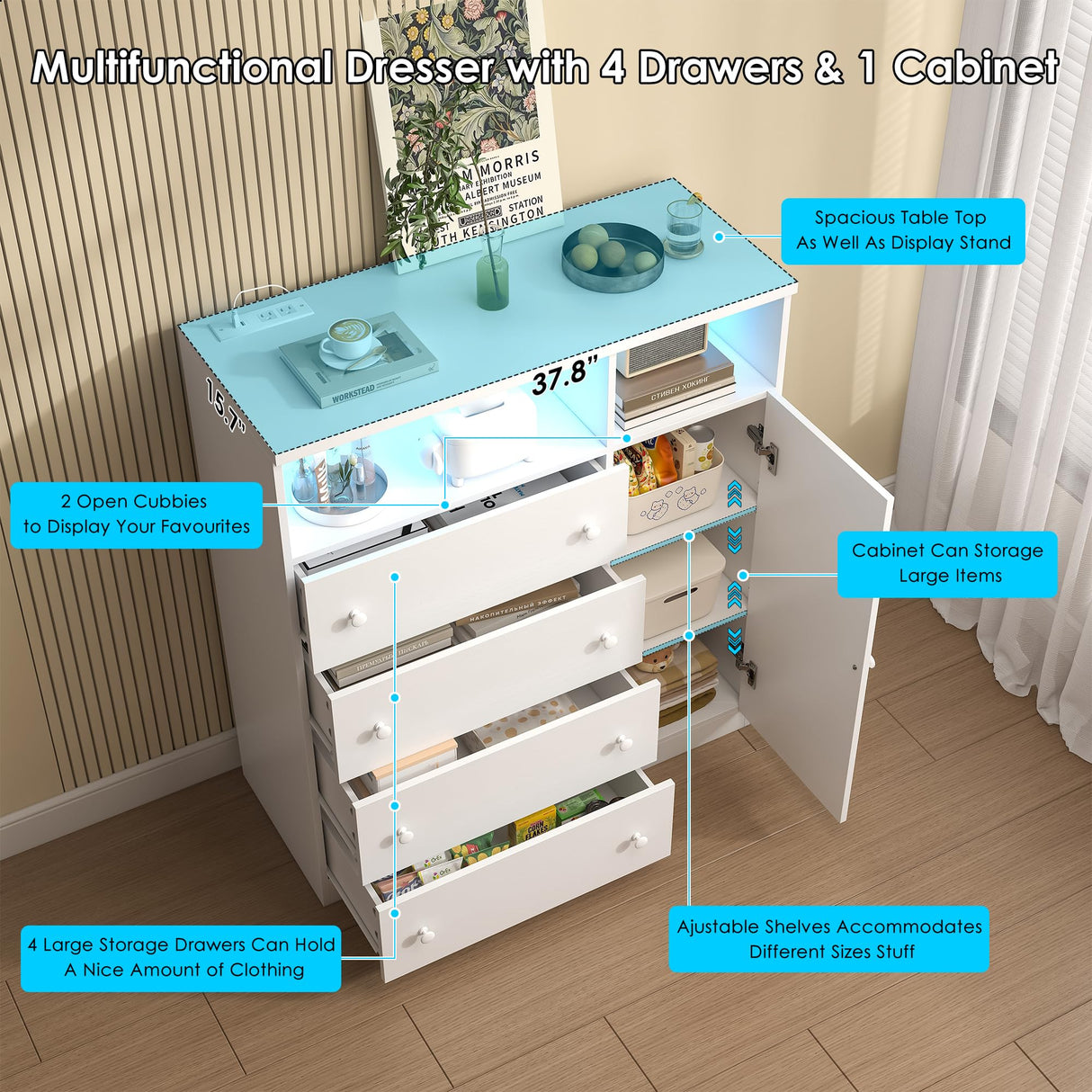 OTUTUMUS 4 Drawer Dresser for Bedroom with Charging Station & LED Light, Wood Tall Dresser with Storage Cabinet, Chest of Drawers with Open Compartments for Living Room, Closet, Hallway (White) OTUTUMUS