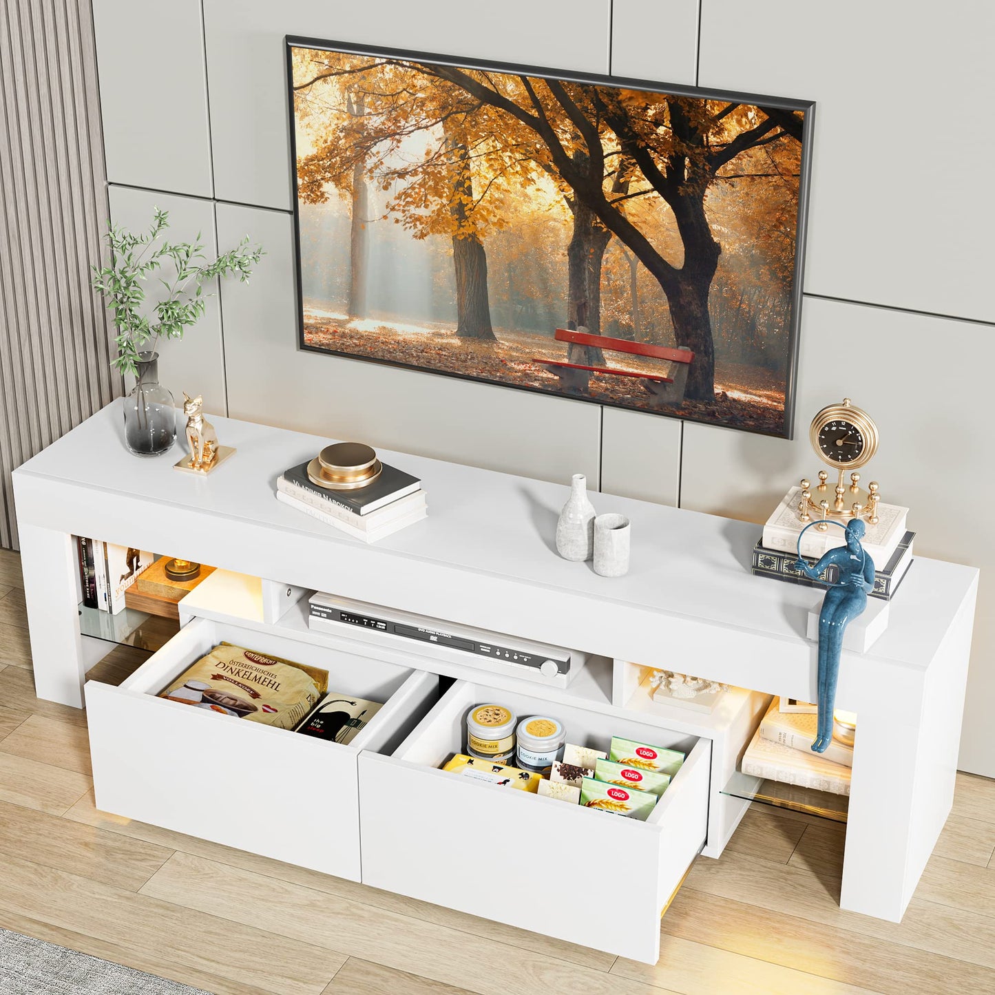 JUMMICO TV Stand, Modern Lighting TV Cabinet Entertainment Center Media and Open Shelf, TV Console Table with 1 Drawer and Remote Control, 20 Color LED Lights up to 70 Inch TV (White)