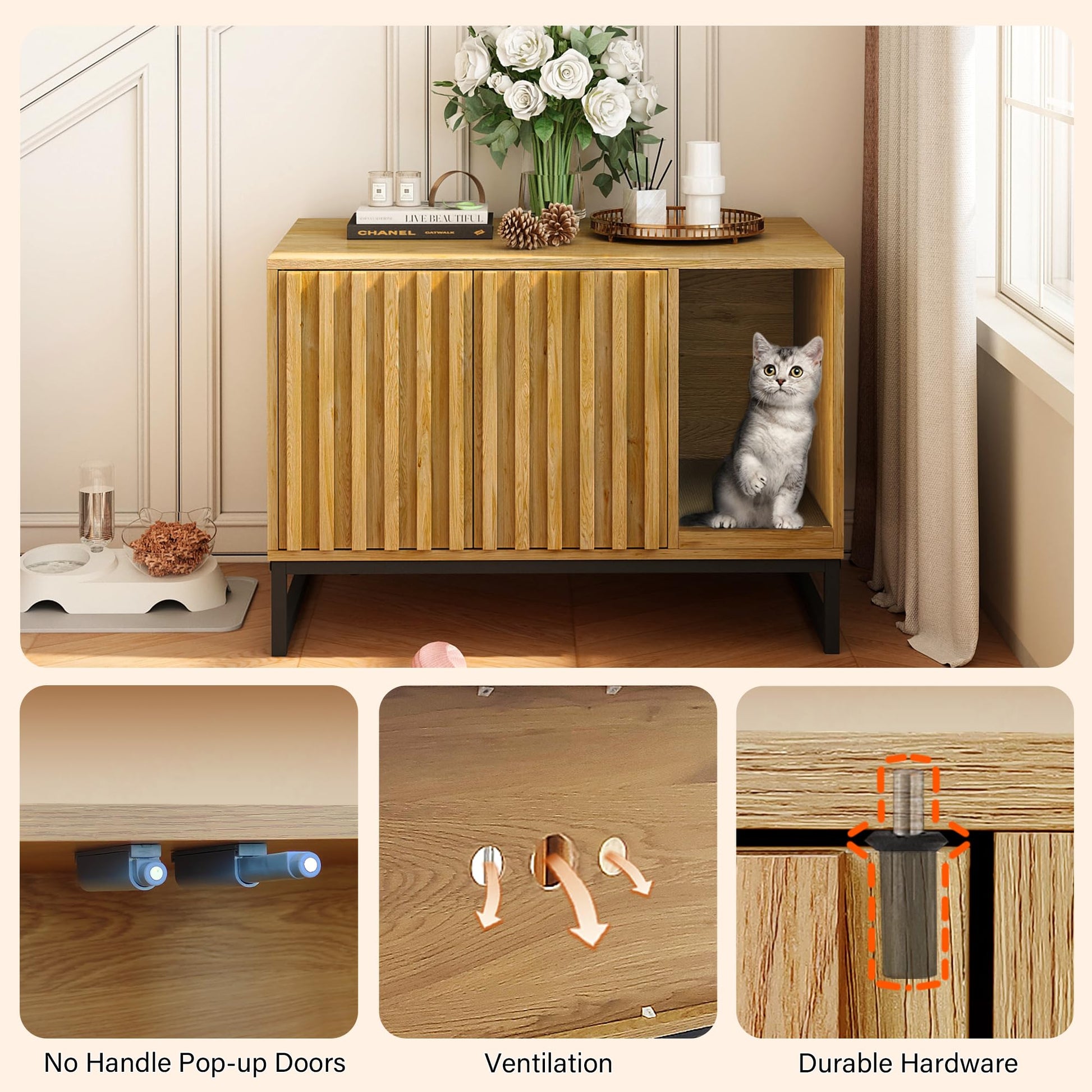 Fienveorn Litter Box Enclosure,Modern Cat Litter Box Enclosure Furniture Hidden Litter Box with Cat Scratch Pad, Cat Washroom Cat House End Table, Entryway Bench for Livingroom (Natural) - WoodArtSupply