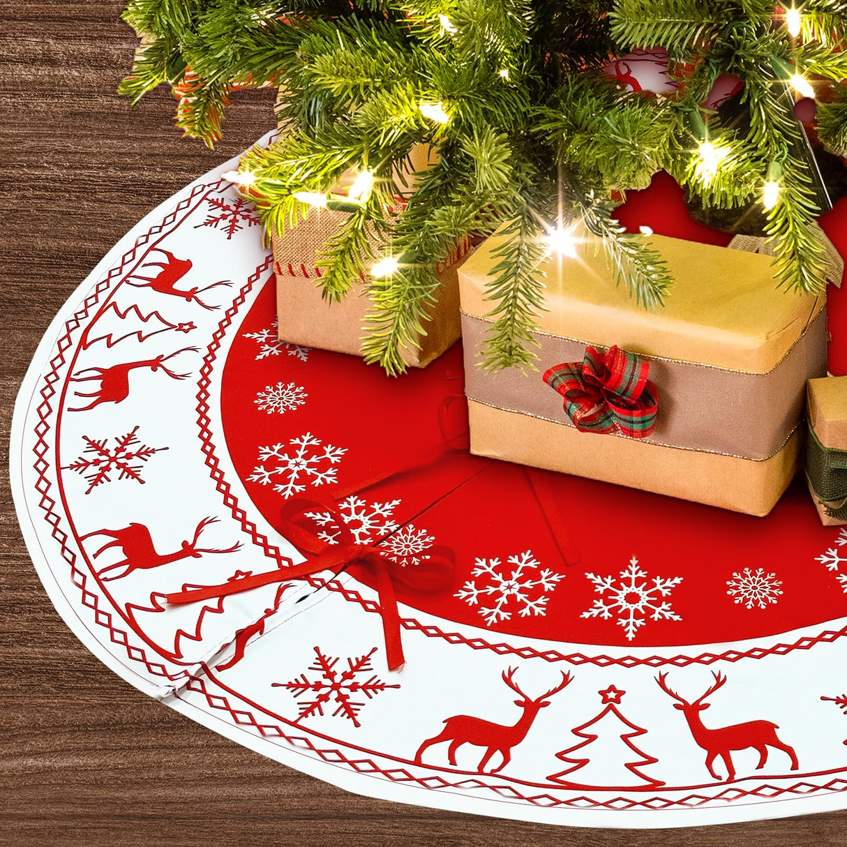 OurWarm Christmas Tree Skirt 48 Inches, Large Xmas Tree Skirts with Snowflake and Reindeer Pattern, Red and White Tree Mat for Christmas Winter Holiday Indoor Decorations OurWarm