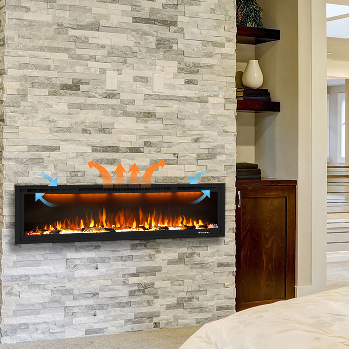 Dreamflame Electric Fireplace 74 inch, Recessed Wall Mounted Fireplace Heater, Logs & Crystal, Multicolor Flame Combinations, Overheating Protection, Black (74") Dreamflame
