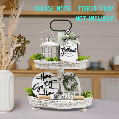 Houmury Set of 16 Farmhouse Tiered Tray Decor with 1 Lantern Artificial Plant& Cutting Board Sign for Rustic Home Kitchen Decor Tier Tray Decor Set (Tiered Tray Not Included)