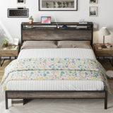 AMERLIFE King Size Industrial Platform Bed with Charging Station and 2-Tier Storage Headboard in Rustic Grey AMERLIFE