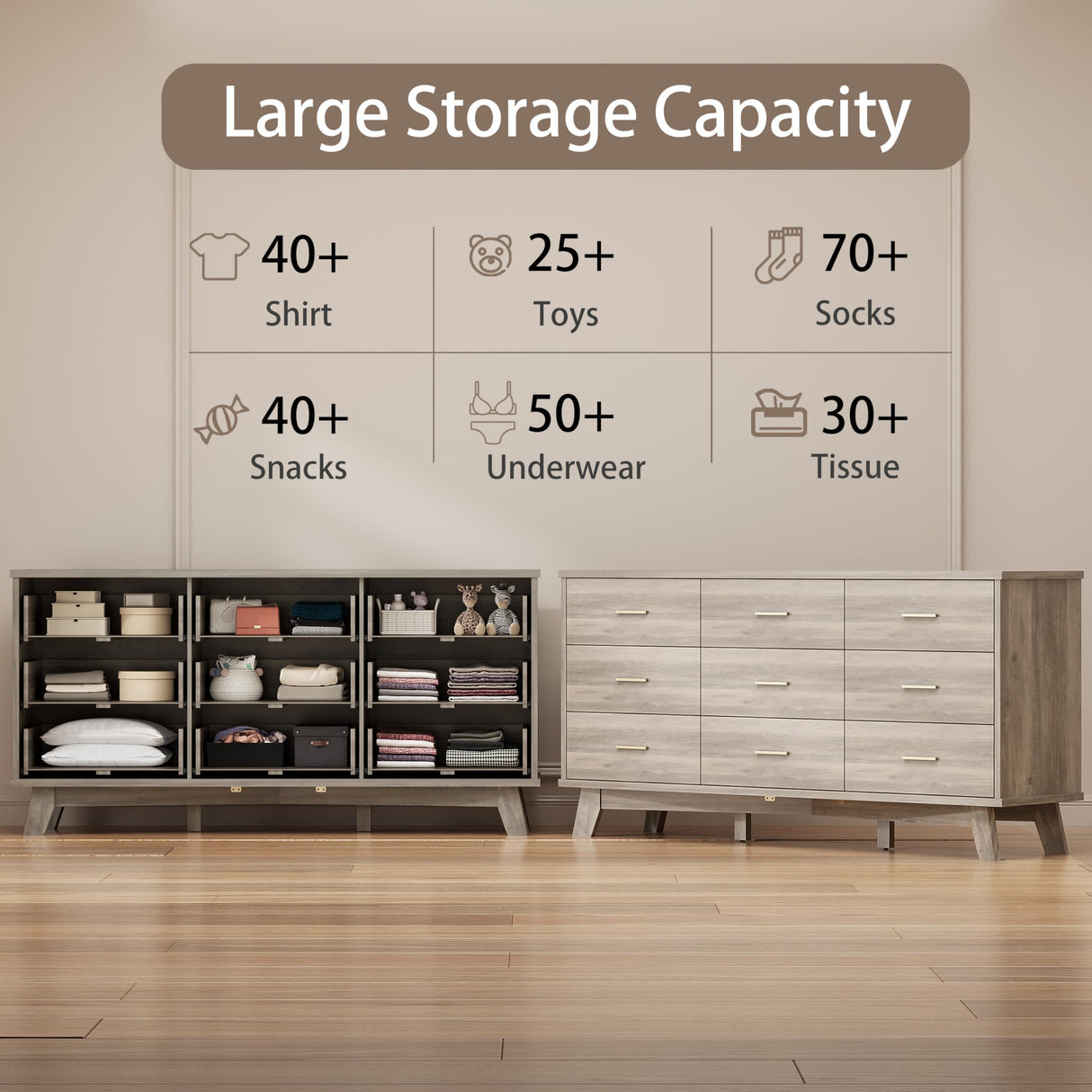 Dresser for Bedroom, 9 Drawer Wide Modern Chest of Drawers with X-Shaped Sturdy Base, Wood Double Dresser Closet Clothes Storage Organizer, Wooden TV Stand for Living Room, Hallway, Grey Xixini