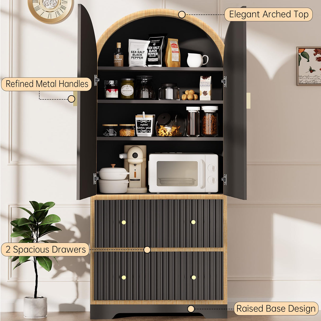 HOLCEPZN 78" Tall Black Arched Cabinet with Fluted Doors, 4 Adjustable Shelves & 2 Drawers, Modern Storage Organizer for Pantry, Bookshelf, Bathroom or Wardrobe Use HOLCEPZN