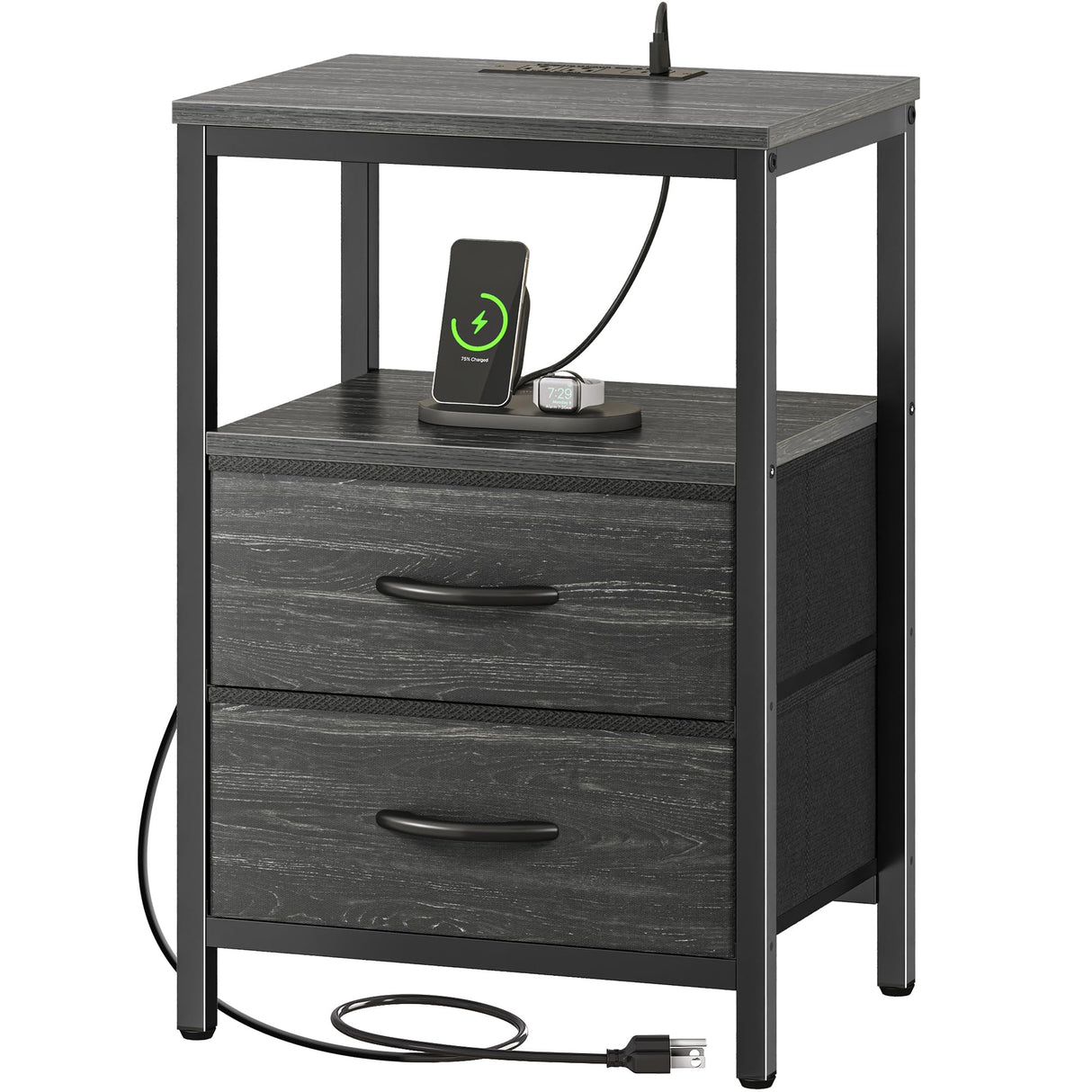 Huuger Nightstand with Charging Station, Side Table with Fabric Drawers, End Table with Open Shelf, Bedside Table with USB Ports and Outlets, Night Stand for Bedroom, Charcoal Black Wood Grain Print Huuger