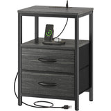 Huuger Nightstand with Charging Station, Side Table with Fabric Drawers, End Table with Open Shelf, Bedside Table with USB Ports and Outlets, Night Stand for Bedroom, Charcoal Black Wood Grain Print Huuger