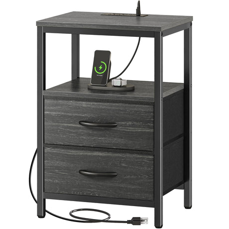 Huuger Nightstand with Charging Station, Side Table with Fabric Drawers, End Table with Open Shelf, Bedside Table with USB Ports and Outlets, Night Stand for Bedroom, Charcoal Black Wood Grain Print Huuger