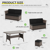 YOCONYO Patio Furniture Set, 7 Pieces Patio Dining Set, All Weather Outdoor Wicker Conversation Loveseat Set with Dining Table, Ottoman in Brown Rattan Black Cushions YOCONYO