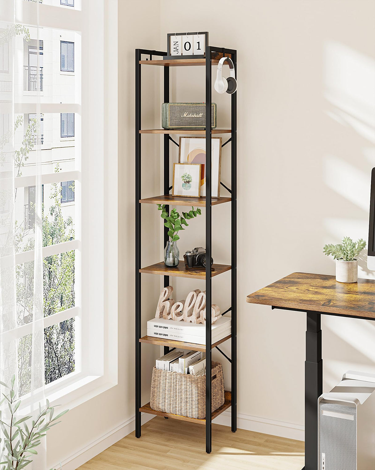 Hzuaneri 6-Tier Rustic Brown Industrial Bookshelf with Hooks for Space-Saving Storage Hzuaneri
