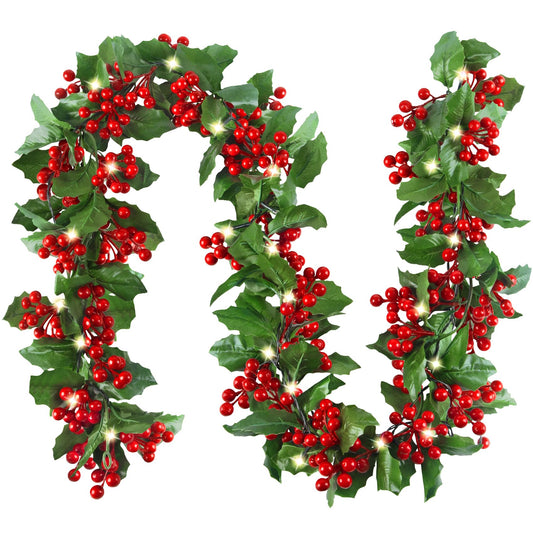 CandyHome 5.9 Ft Pre-lit Christmas Garland with Lights Red Berry & Green Leaves Lighted Christmas Garland Decorations for Indoor Outdoor Holiday Home Mantel Table Fireplace Winter Christmas Decor