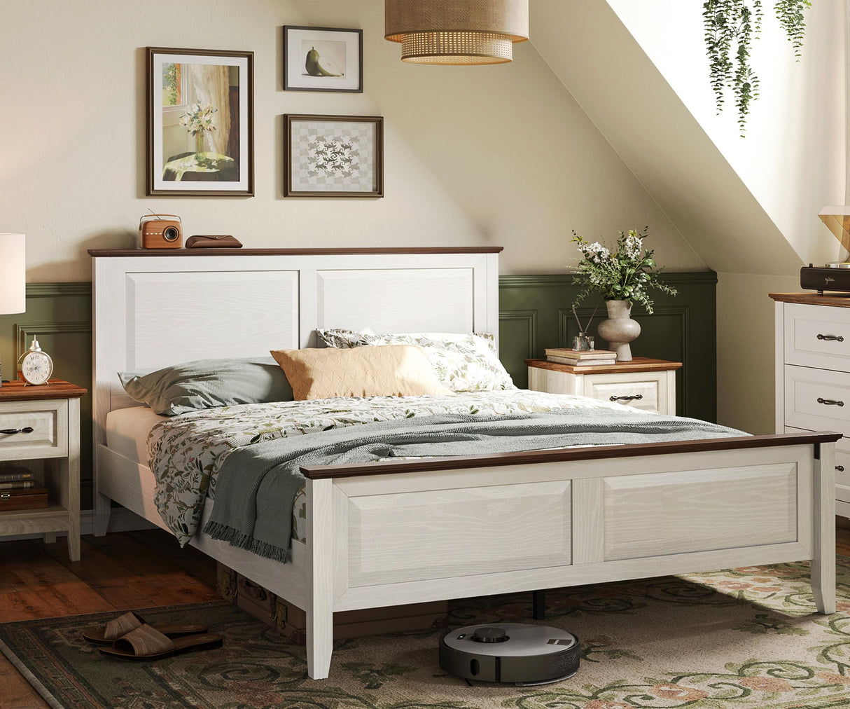 LINSY Wood Queen Bed Frame with Headboard, Farmhouse Bed Frame Queen Size with High Footboard, Wood Bed Fast Assembly, Noise-Free, No Box Spring Needed - White LINSY