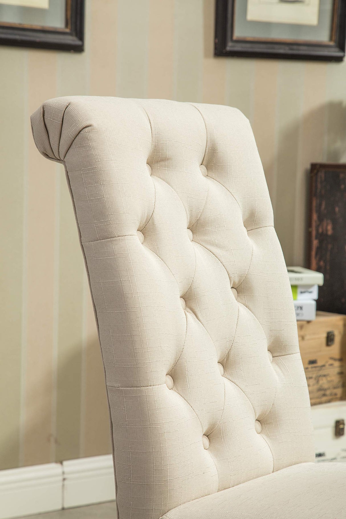 Roundhill Furniture Habit Solid Wood Tufted Parsons Dining Chair (Set of 2), Tan Roundhill Furniture