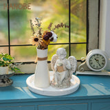 Hanobe Rustic Wooden Serving Tray: Round Wood Decorative Tray Rustic White Centerpiece Candle Holder Trays Farmhouse Ottoman Tray for Decor Kitchen Counter Home Decor for Coffee Table Hanobe