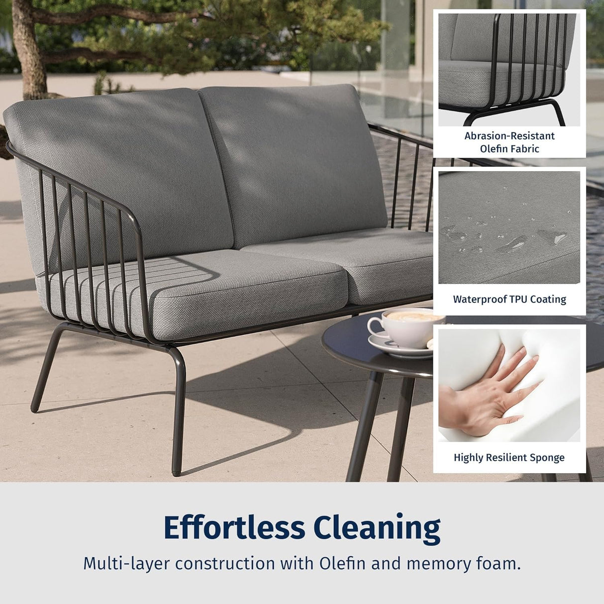 EAST OAK 4-Piece Plaza Patio Furniture Set, Outdoor Furniture for Balcony, Poolside, and Yard, with Thick Cushion Sofa and Coffee Table, Modern Patio Conversation Set, Black & Grey EAST OAK