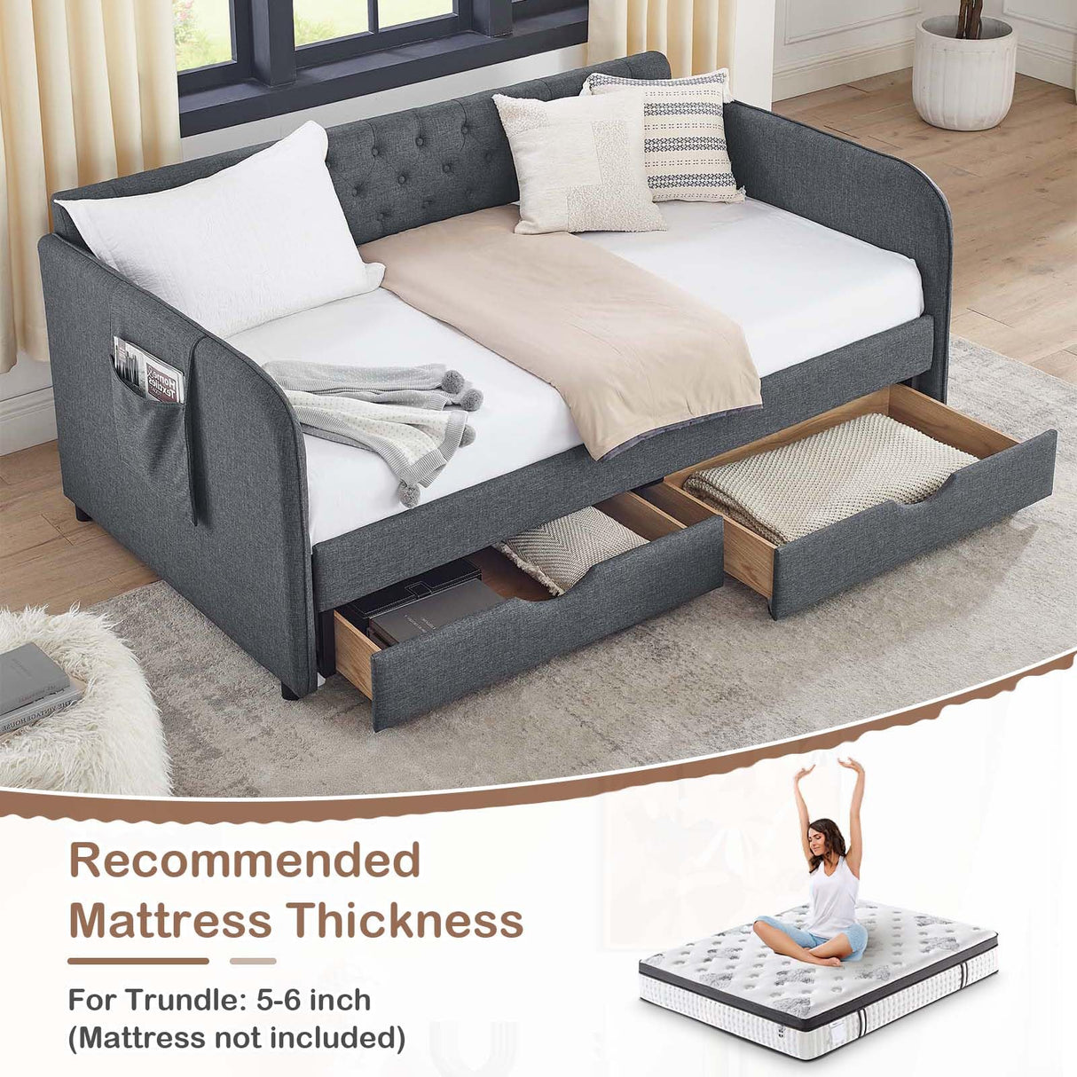 Antetek 80.5" Daybed with Drawer, Modern Button Tufted Linen Day Bed with Trundle Bed Twin to King, Upholstered Daybed Frame w/Storage Pocket for Bedroom, Living Room, No Box Spring Needed, Dark Grey Antetek
