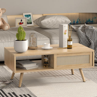 Forsho Rattan Coffee Table Mid Century Modern Coffee Table with Storage 41.3 Inch Wooden Accent Center Sofa Table with Sliding Woven Door Panel and Solid Wood Legs Perfect for Living Room