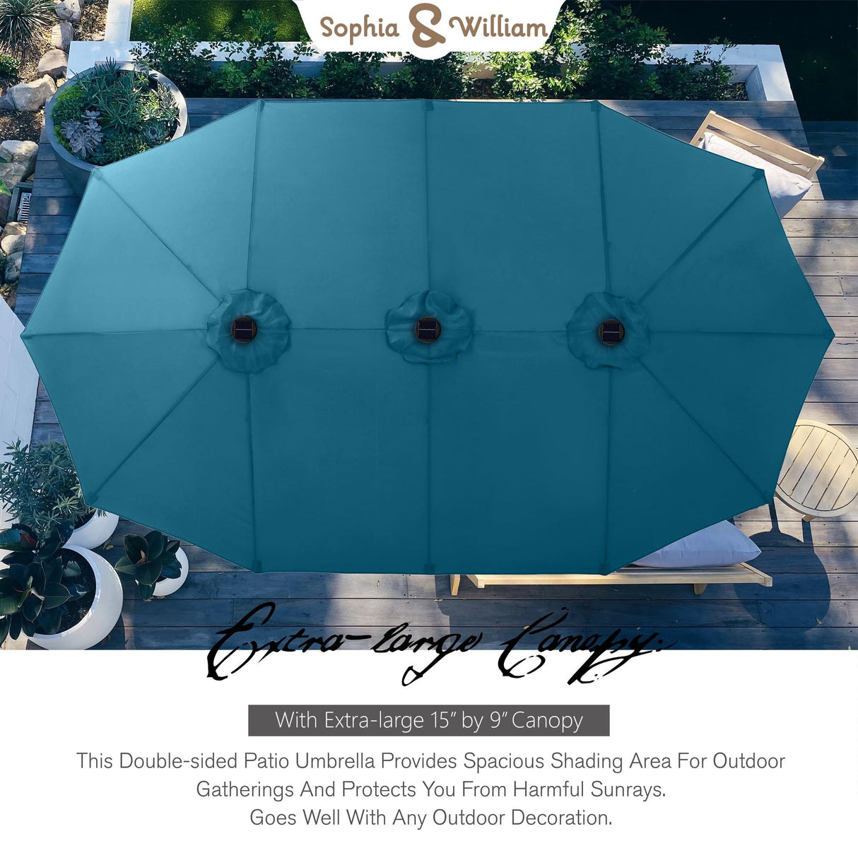 Sophia & William 15 ft Extra Large Patio Umbrella with Solar Lights, Rectangular Outdoor Umbrella with Base Included, Market Umbrella Double-sided Heavy Duty for Pool Garden Backyard, Cyan-blue Sophia & William