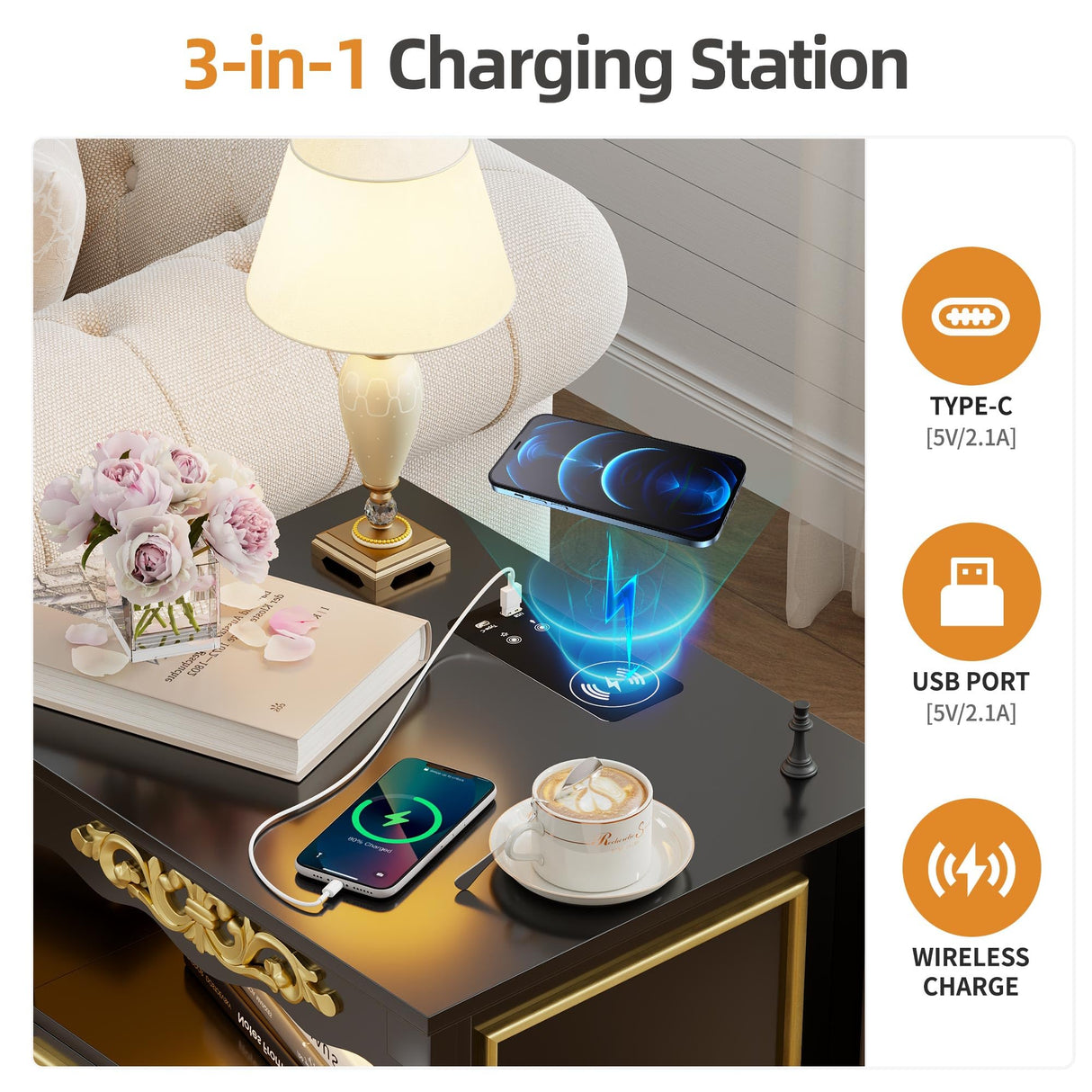 Gurexl Farmhouse Nightstand with Gun Drawer, 20" Vintage Bedside Table with LED Lights & Charging Station, Tall Rustic Wood Sofa Side End Table with 2 Drawers for Bedroom (Black) Gurexl