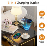 Gurexl Farmhouse Nightstand with Gun Drawer, 20" Vintage Bedside Table with LED Lights & Charging Station, Tall Rustic Wood Sofa Side End Table with 2 Drawers for Bedroom (Black) Gurexl