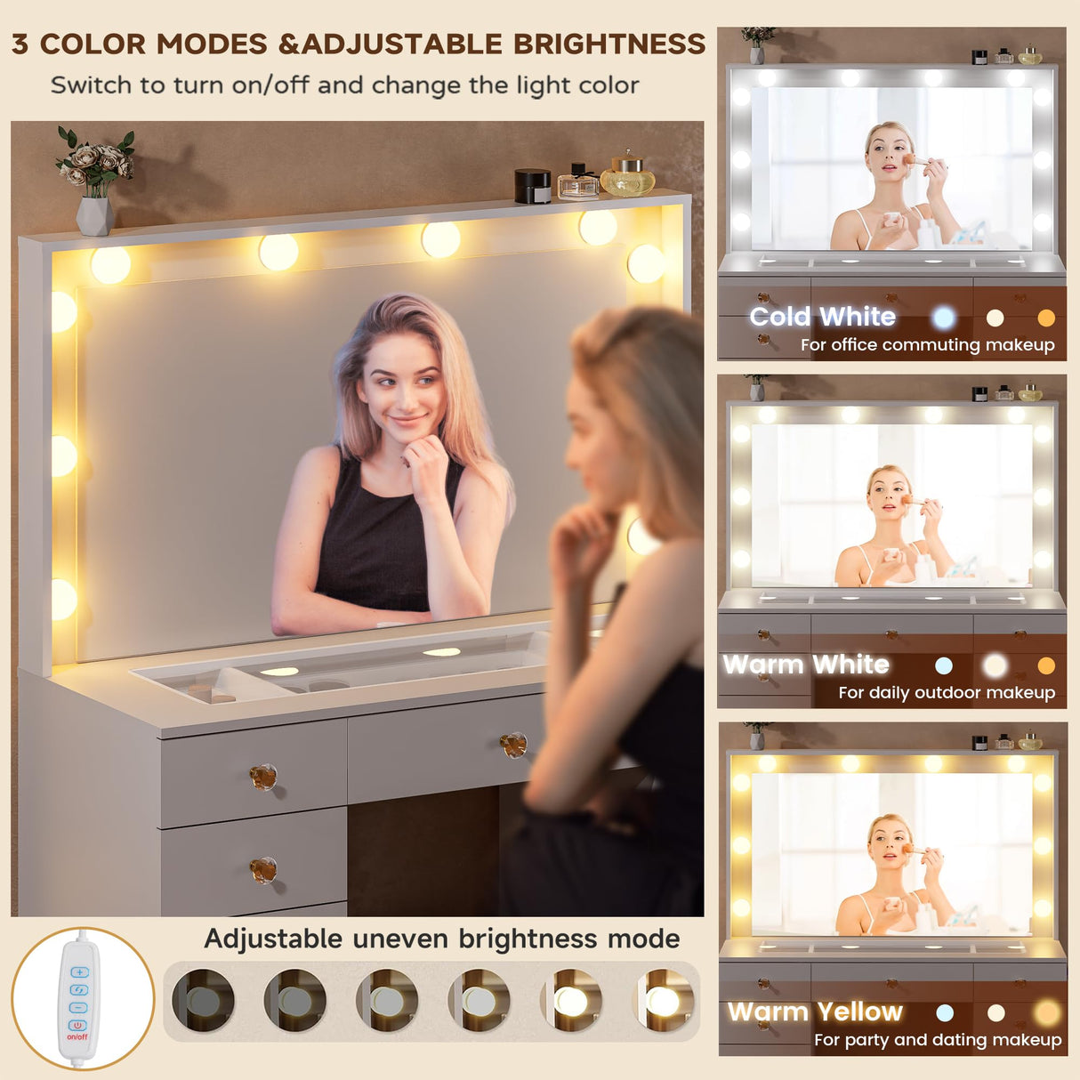 43.3" Vanity with Large Mirror and 10 LED Lights, Vanity Desk with Glasstop, 11 Drawers with Crystal Handles, Dressing Table with Power Outlet as Gift for Women, Girls (White) DINGIPP