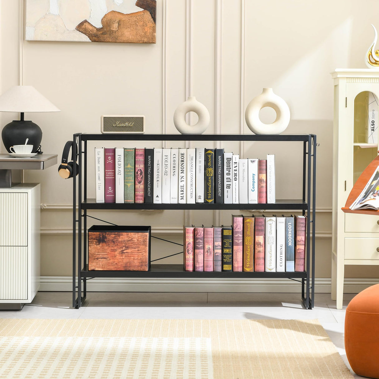 HCHQHS Bookshelf, 3-Tier Industrial Bookcase, Black Open Book Shelf, Freestanding Horizontal Bookshelves with Metal Frame HCHQHS