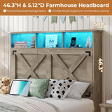 DICTAC Farmhouse Twin Bed Frame with Storage Headboard, Charging Station and Ottoman Twin Size Metal Platform Beds with Led Lights,twin Bed Frame with Metal Slats Support,No Box Spring Needed,Oak Gray DICTAC