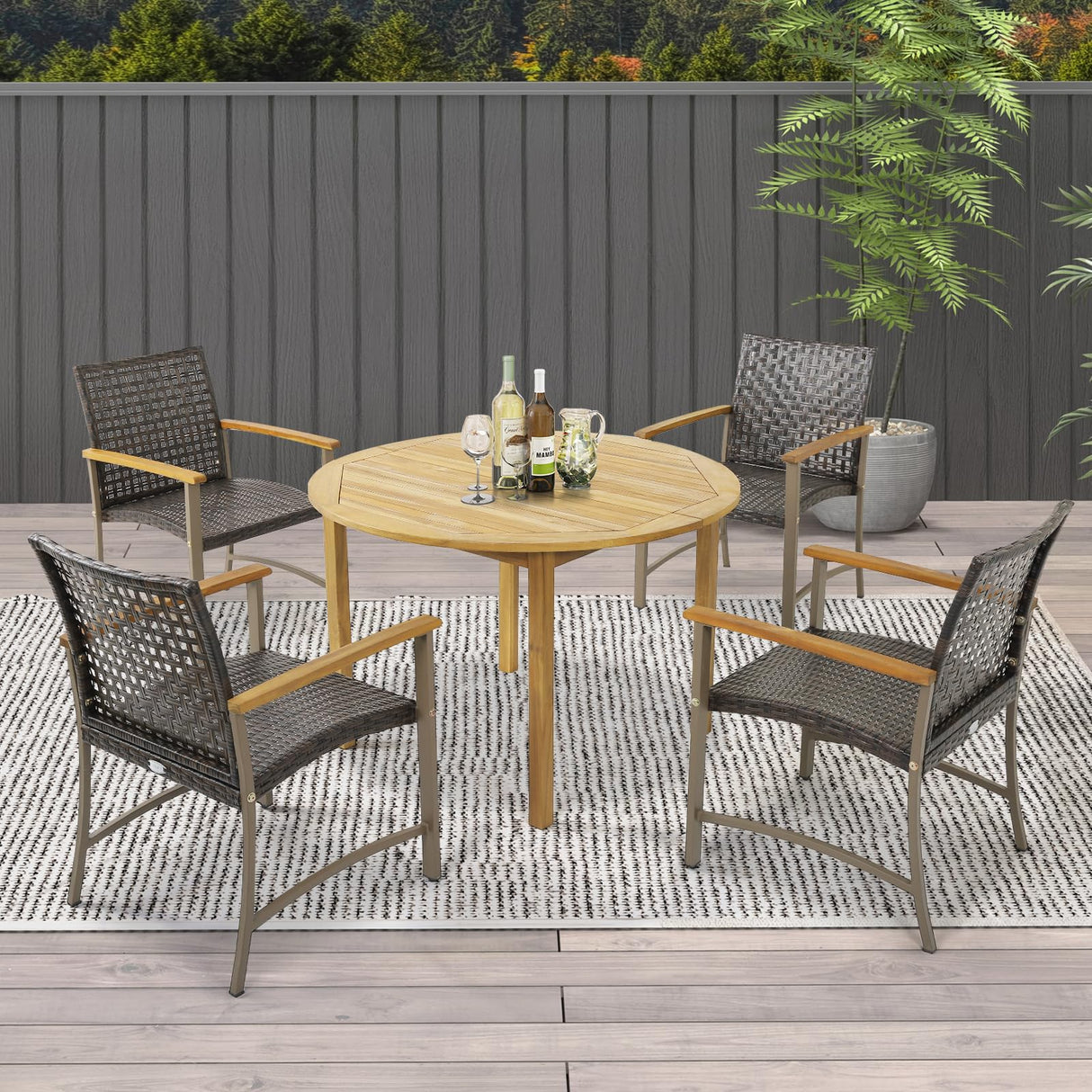 Tangkula Patio Dining Chairs Set of 4, Outdoor PE Wicker & Heavy-Duty Metal Chairs with Acacia Wood Armrests, Outdoor Rattan Armchairs for Garden, Backyard, Poolside, Balcony (Mix Brown) Tangkula