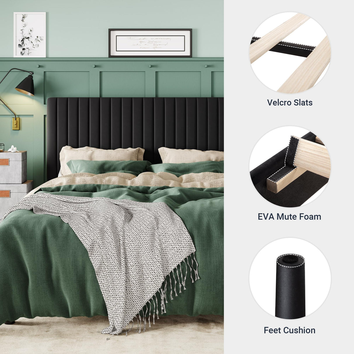 Allewie King Platform Bed Frame, Velvet Upholstered with Adjustable Vertical Channel Tufted Headboard, Mattress Foundation with Strong Wooden Slats, Box Spring Optional, Easy Assembly, Black Allewie