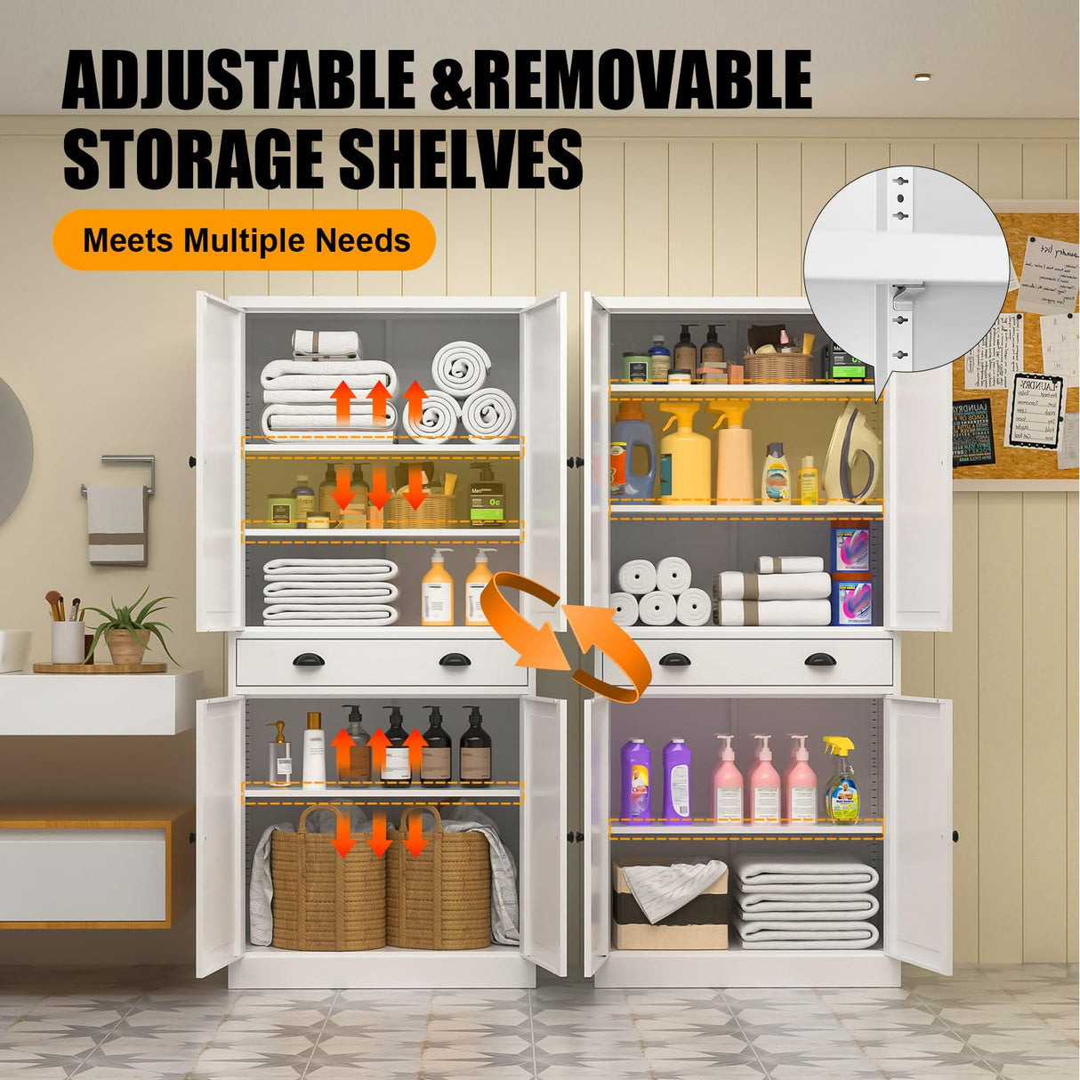 71" Kitchen Pantry Cabinet, Metal Storage Cabinets with Adjustable Shelves and Drawer, White Pantry Cabinets, 4 Doors Metal Pantries Cabinet for Kitchen, Dining Room, Living Room - Assembly Required MetalMax