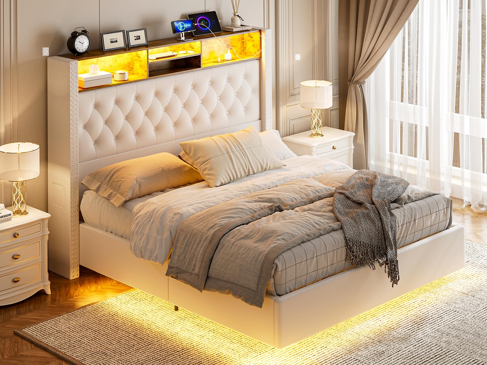 Floating Queen Size Bed Frame with Velvet Upholstery, Storage Headboard & LED Lights by CIKUNASI - WoodArtSupply