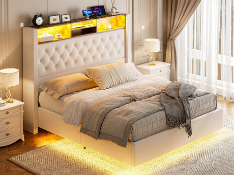 Floating Queen Size Bed Frame with Velvet Upholstery, Storage Headboard & LED Lights by CIKUNASI CIKUNASI