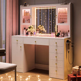 Einhomn Makeup Vanity Desk with Mirror & LED Lights, Large Glass Top Vanity Table with 7 Drawers & 3 Cabinets, Modern Dressing Table with Charging Station & RGB Lights for Bedroom, White Einhomn