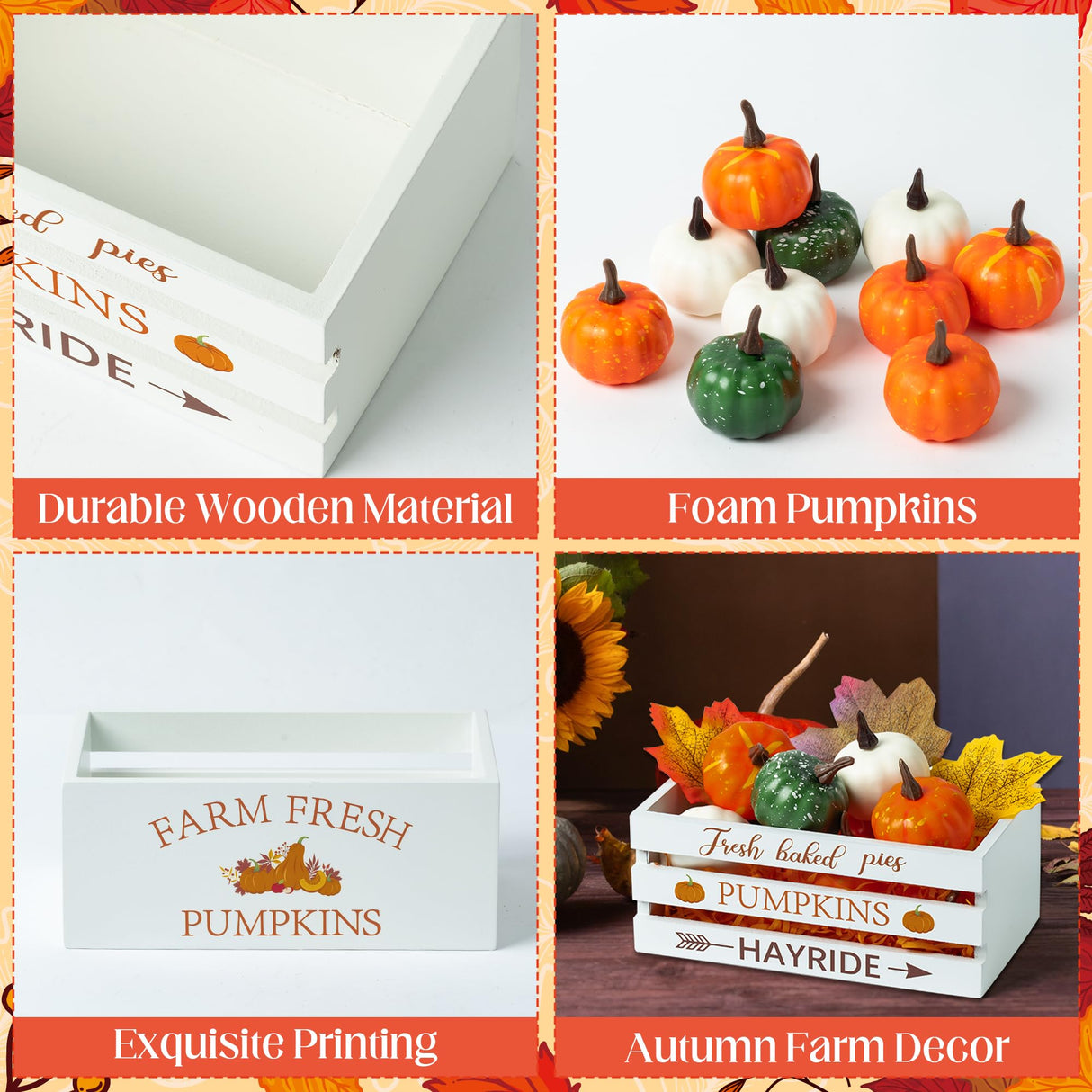 WATINC Fall Thanksgiving Maple Leaves Pumpkin Wooden Mini Crate Table Centerpiece, Farm Fresh Pumpkins Sign Crate Tiered Tray Decor Kit, Thankful Ornaments for Farmhouse Table Home Decor (62Pcs) WATINC