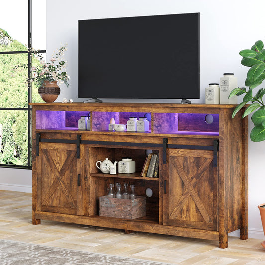 Bolonbi Farmhouse TV Stand for 65 inch TVs, Rustic Entertainment Center TV Cabinet Stands with Power Outlets(Rustic Brown) - WoodArtSupply